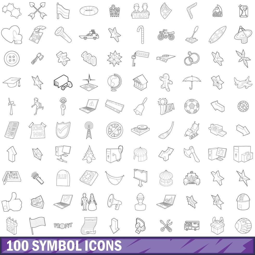 100 symbol icons set, outline style vector