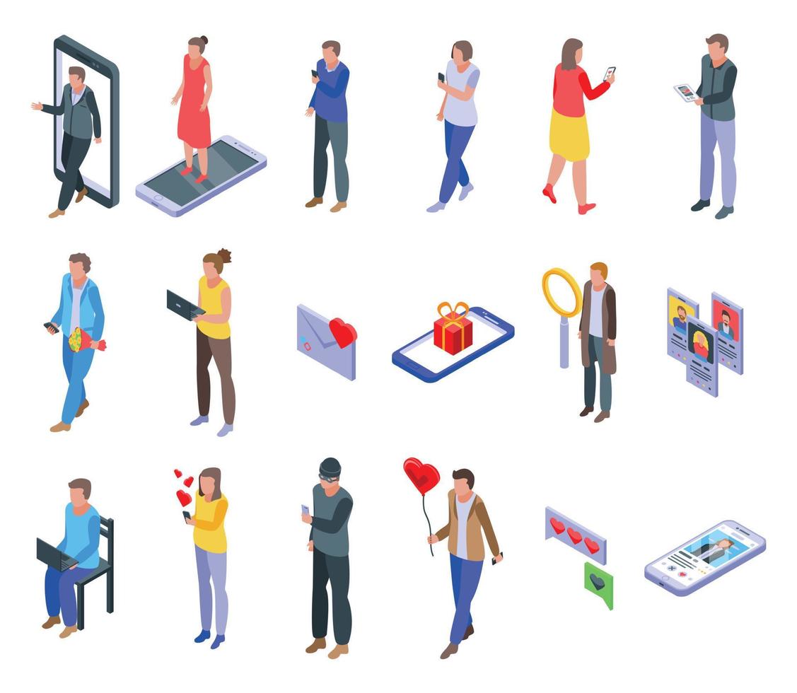 Online dating icons set, isometric style vector