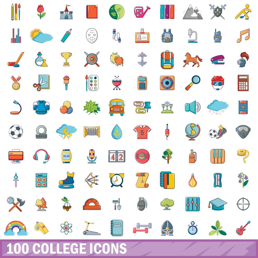 100 college icons set, cartoon style vector