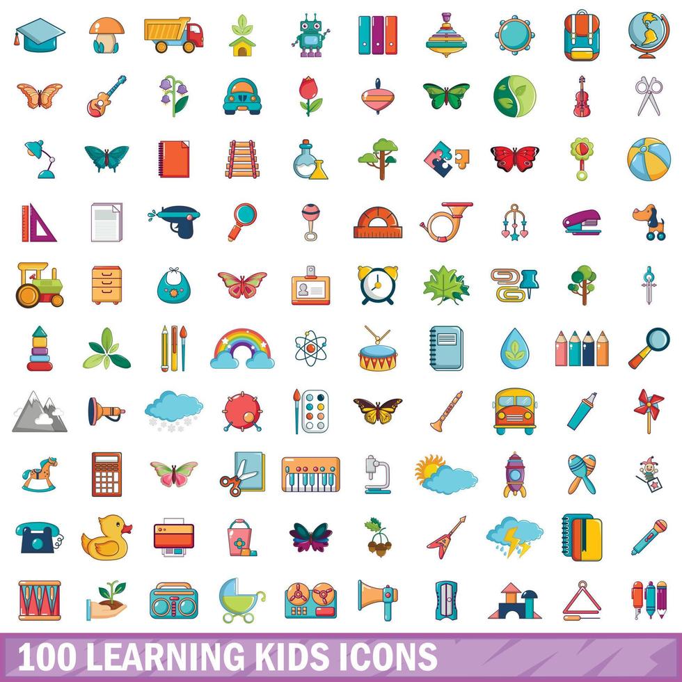 100 niños de aprendizaje, conjunto de iconos de estilo de dibujos animados vector