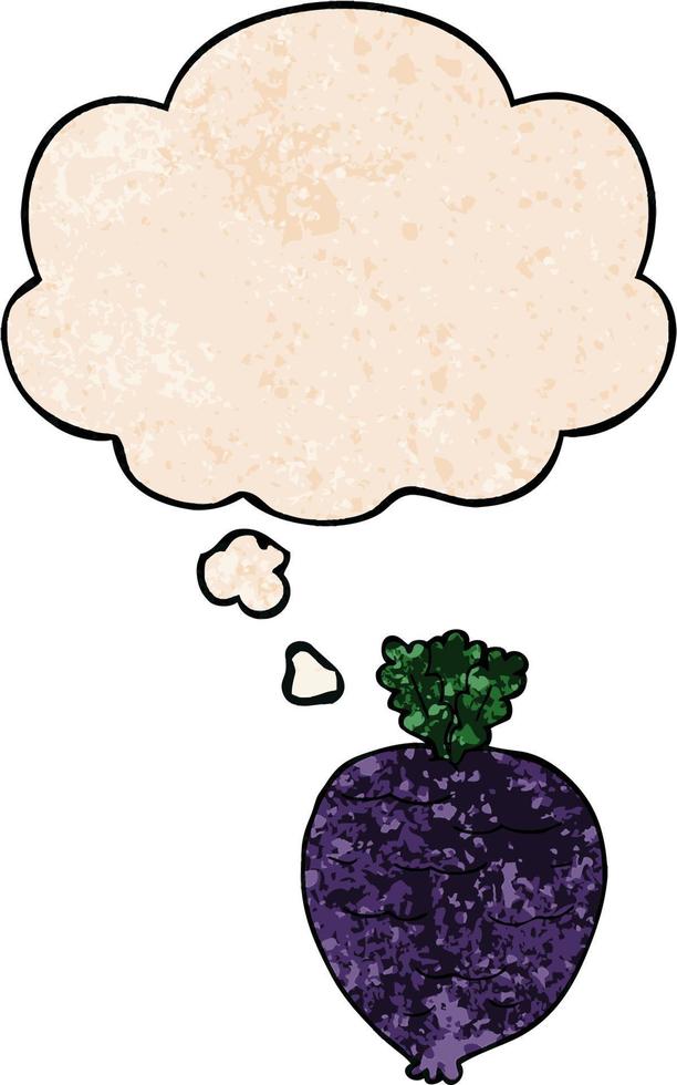 cartoon root vegetable and thought bubble in grunge texture pattern style vector