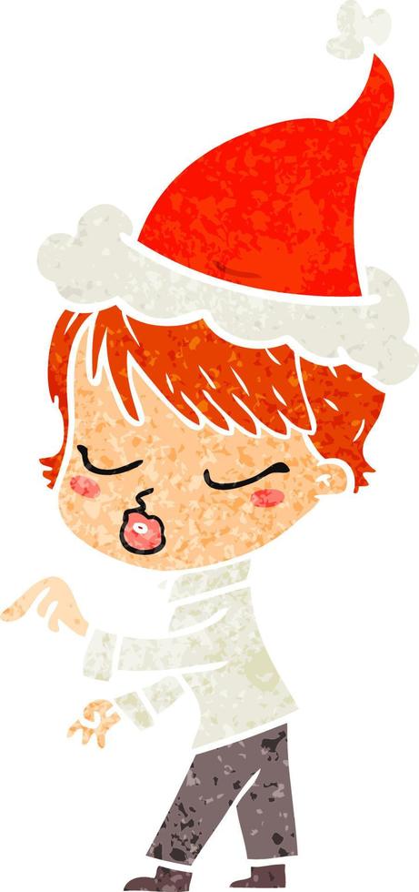 retro cartoon of a woman with eyes shut wearing santa hat vector