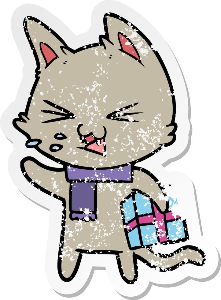 pegatina angustiada de un gato sibilante de dibujos animados con regalo de navidad vector