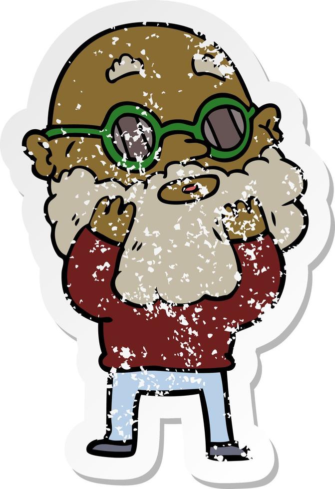 distressed sticker of a cartoon curious man with beard and sunglasses vector