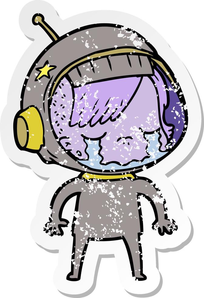 distressed sticker of a cartoon crying astronaut girl vector