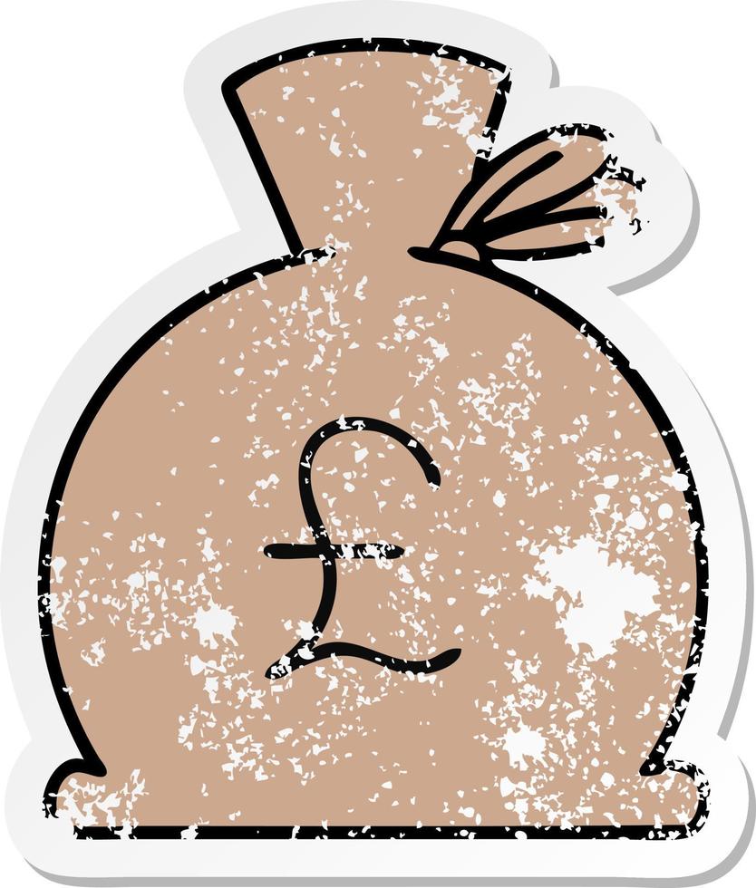 pegatina angustiada de una linda bolsa de dibujos animados con dinero vector