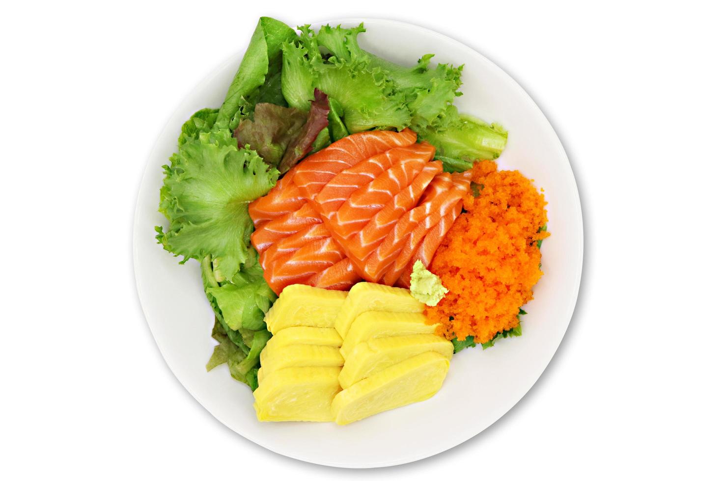 Sushi set raw salmon sashimi,Tobiko egg,Shrimp egg on vegetables,Healthy concept,with clipping path. photo