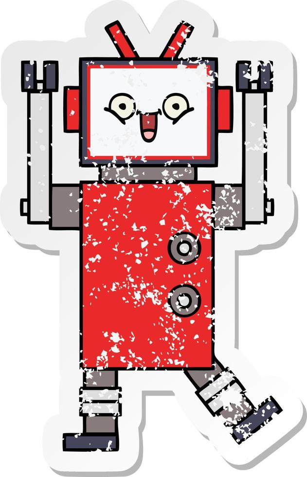 distressed sticker of a cute cartoon happy robot vector