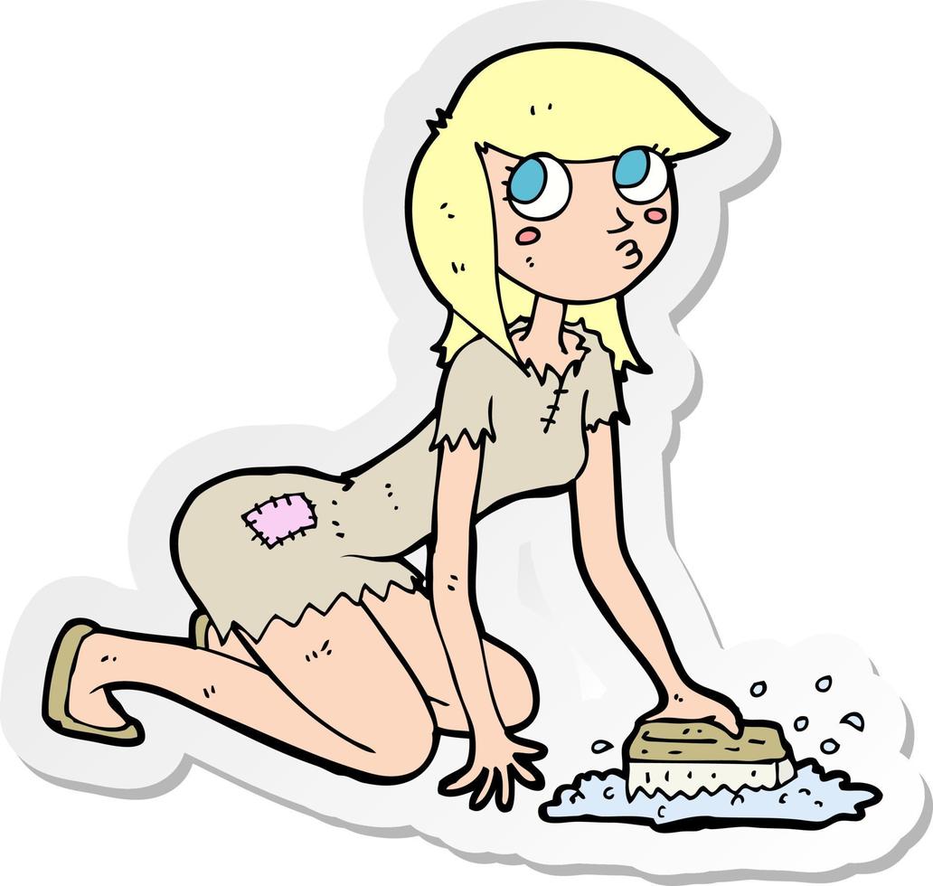 sticker of a cartoon cinderella scrubbing floors vector