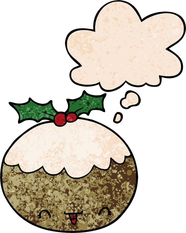 cute cartoon christmas pudding and thought bubble in grunge texture pattern style vector