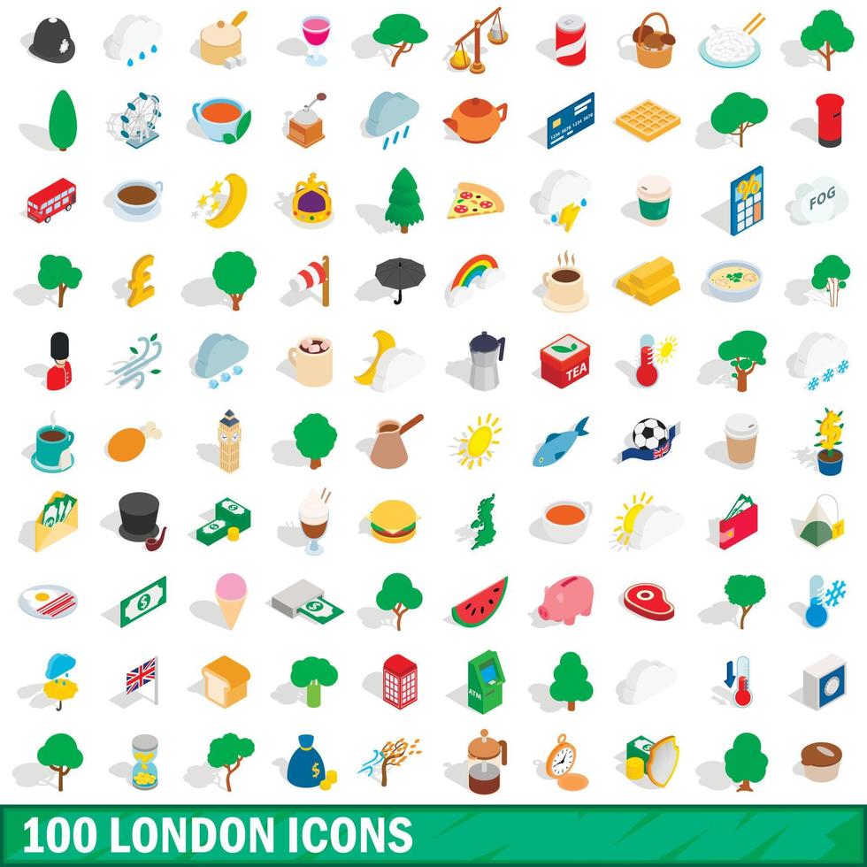 100 london icons set, isometric 3d style vector