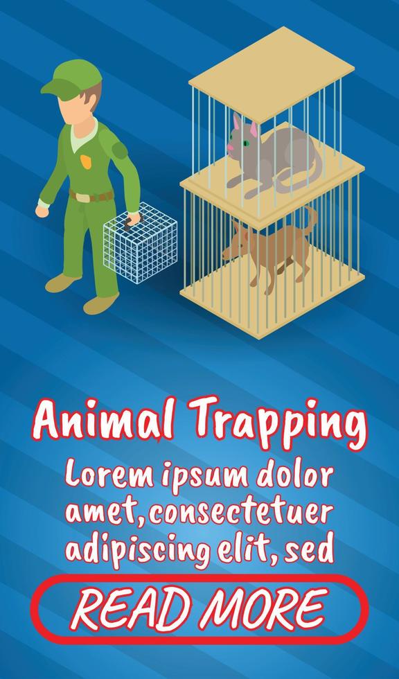 Animal trapping concept banner, comics isometric style vector