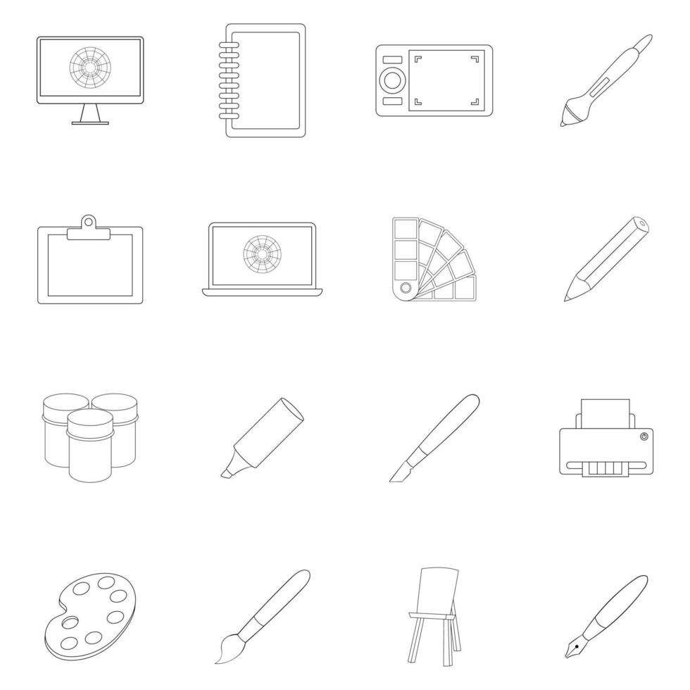 Drawing and painting tool icon set outline vector