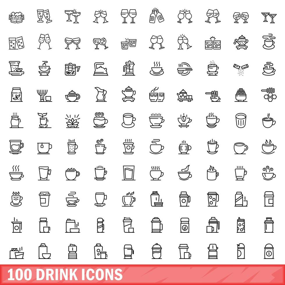 100 drink icons set, outline style vector