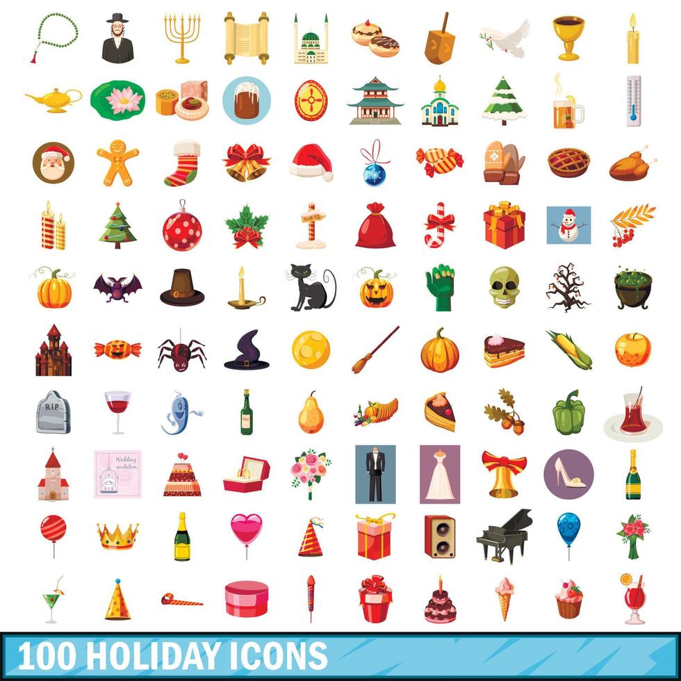 100 iconos de vacaciones, estilo de dibujos animados vector