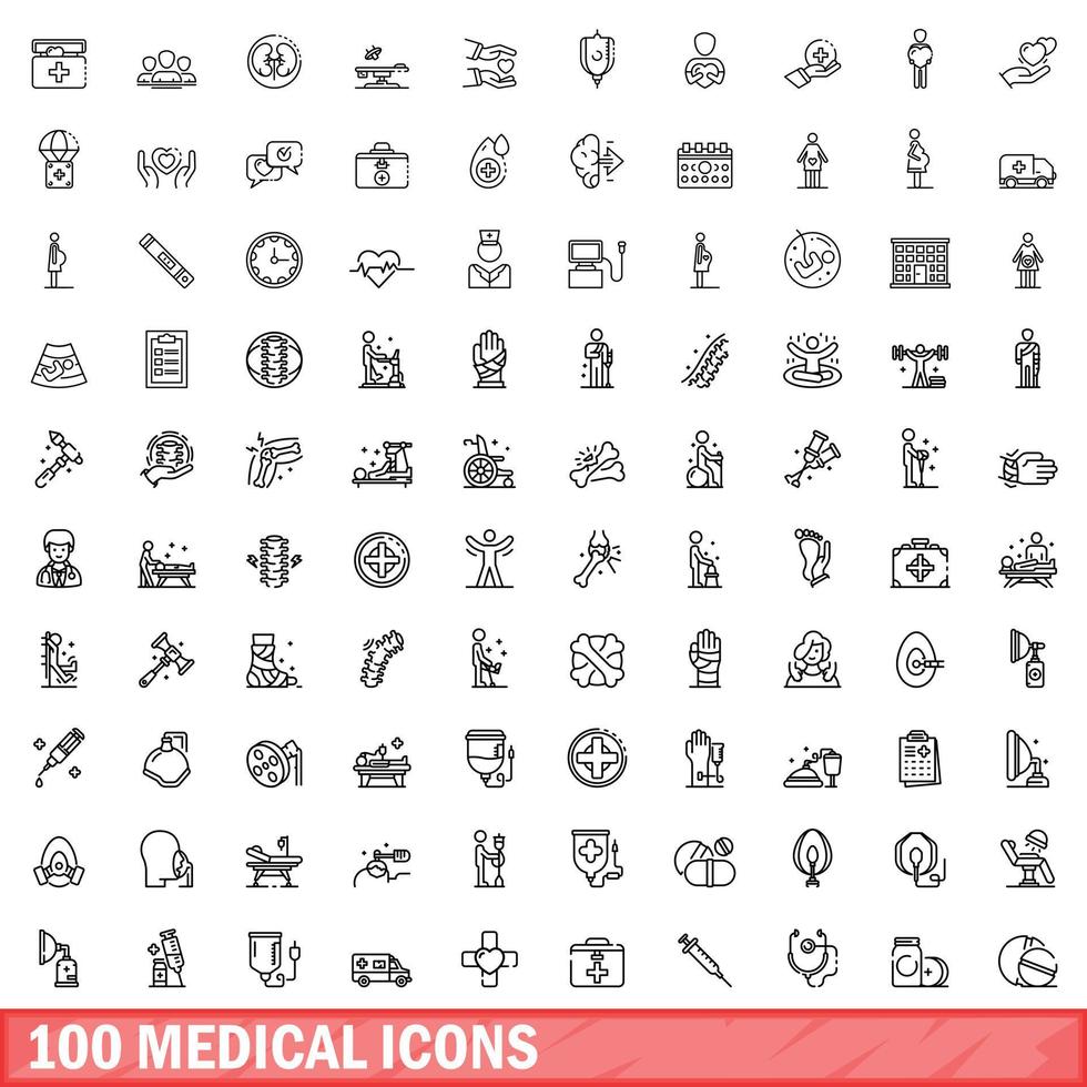 100 medical icons set, outline style vector