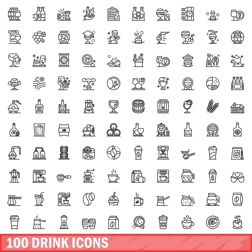 100 drink icons set, outline style vector