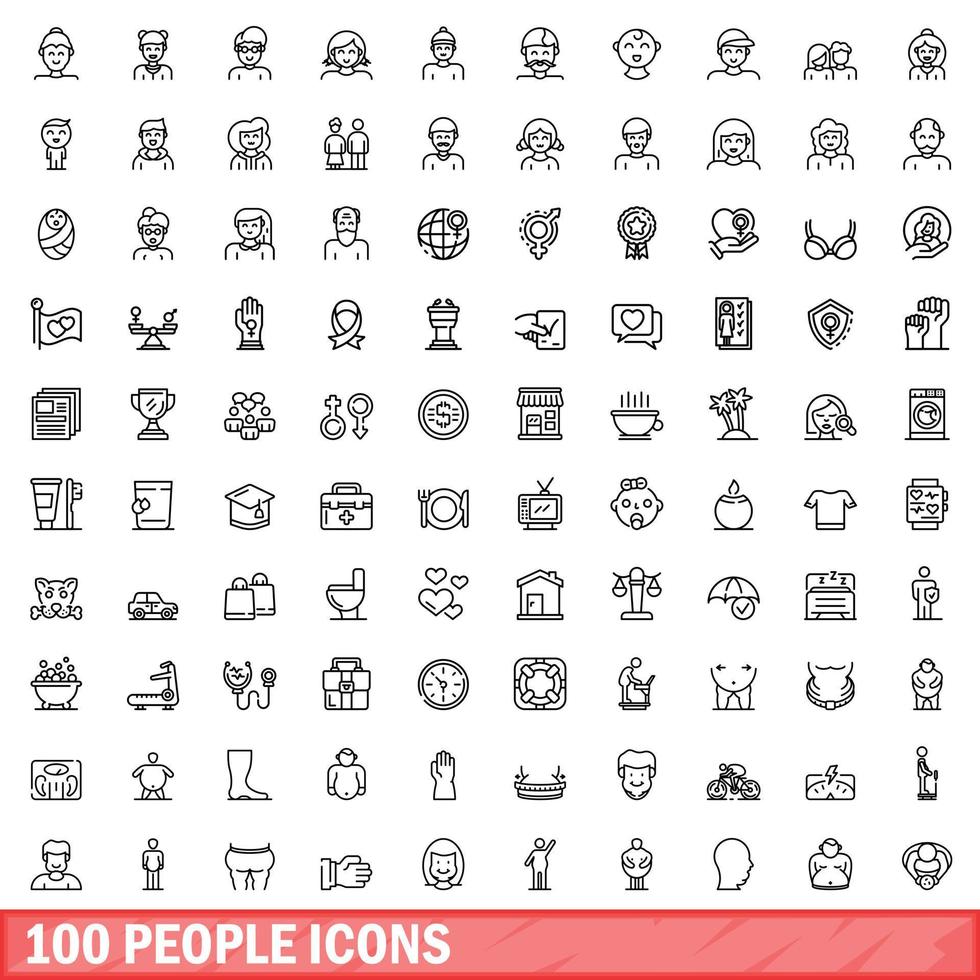 Conjunto de iconos de 100 personas, estilo de esquema vector