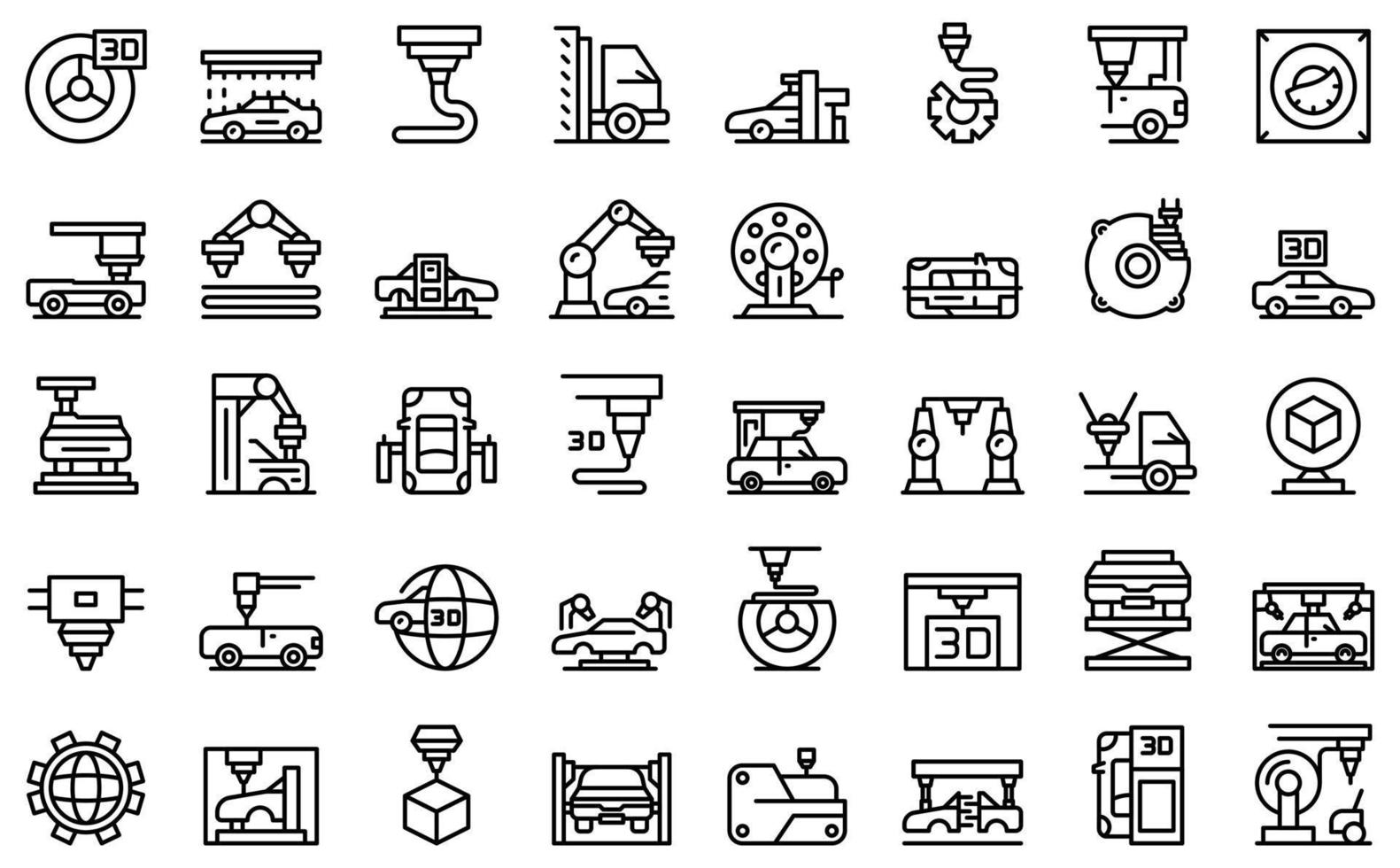 3D cars printing icons set outline vector. Computer printer vector