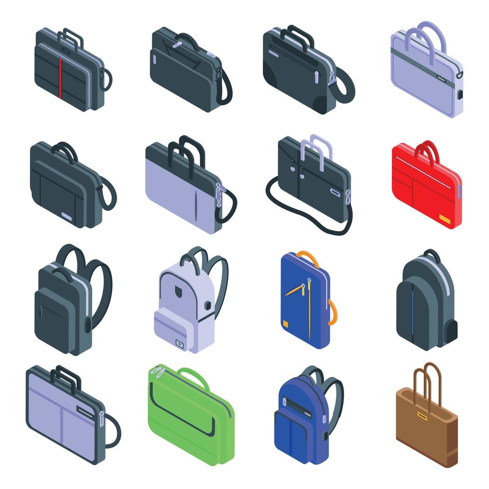 conjunto de iconos de bolsa de portátil, estilo isométrico vector