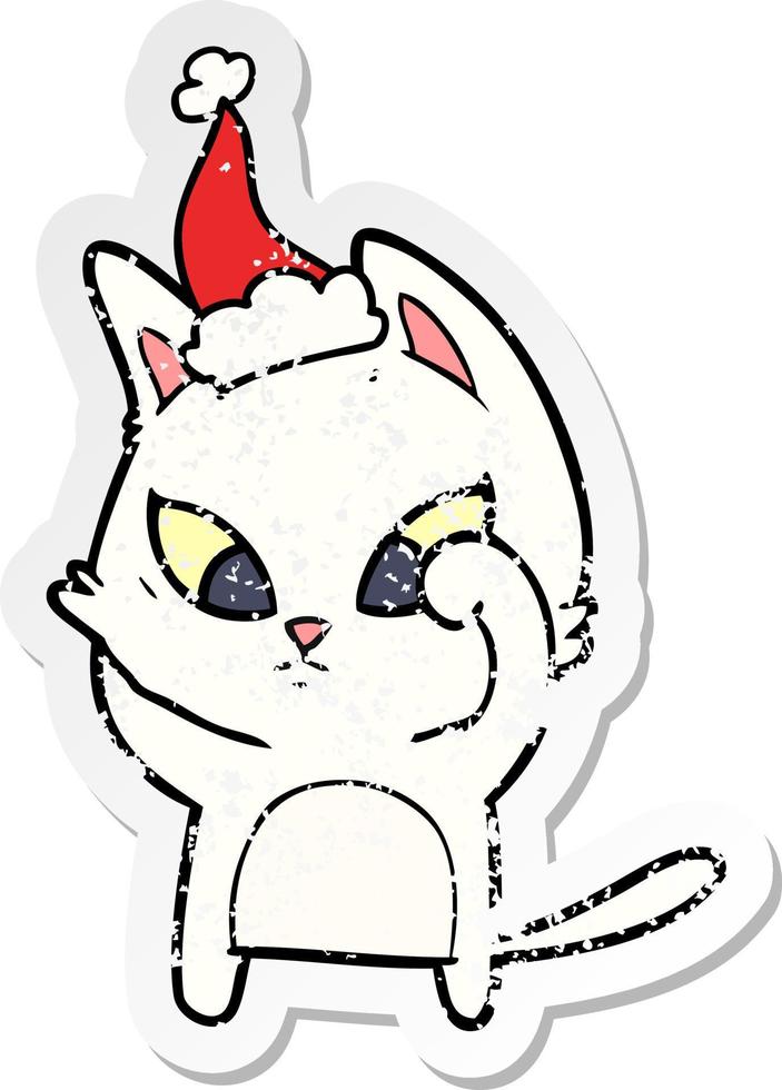 confused distressed sticker cartoon of a cat wearing santa hat vector