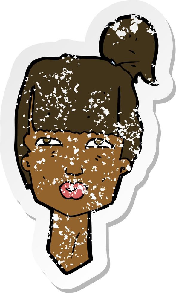 retro distressed sticker of a cartoon female head vector