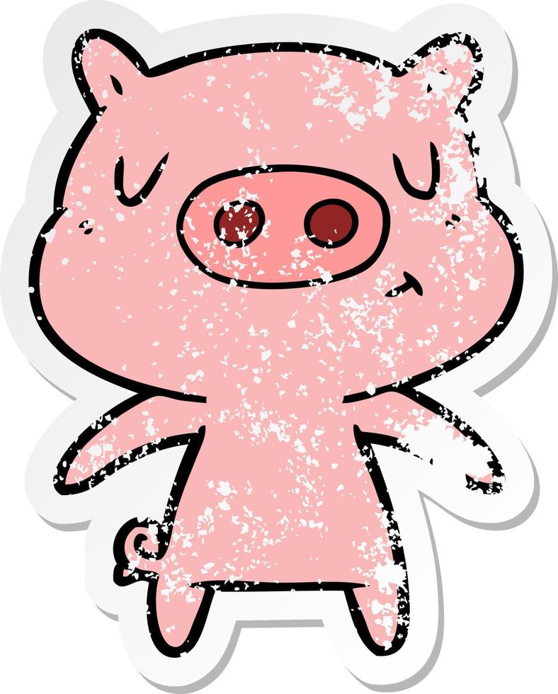 distressed sticker of a cartoon content pig vector