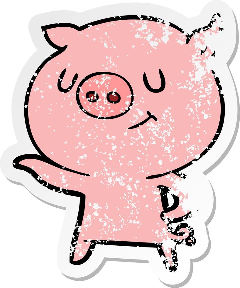 distressed sticker of a happy cartoon pig vector