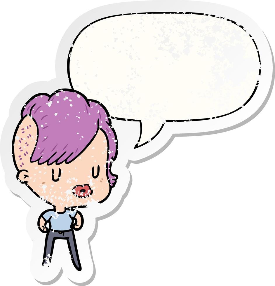 cartoon girl and punk hipster haircut and speech bubble distressed sticker vector