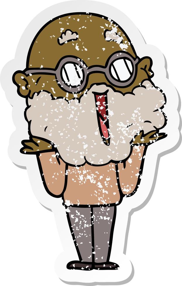 distressed sticker of a cartoon joyful man with beard shrugging vector