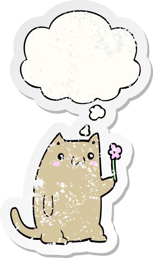 cute cartoon cat with flower and thought bubble as a distressed worn sticker vector