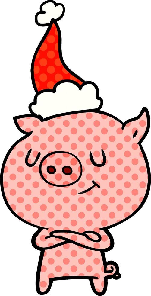 happy comic book style illustration of a pig wearing santa hat vector