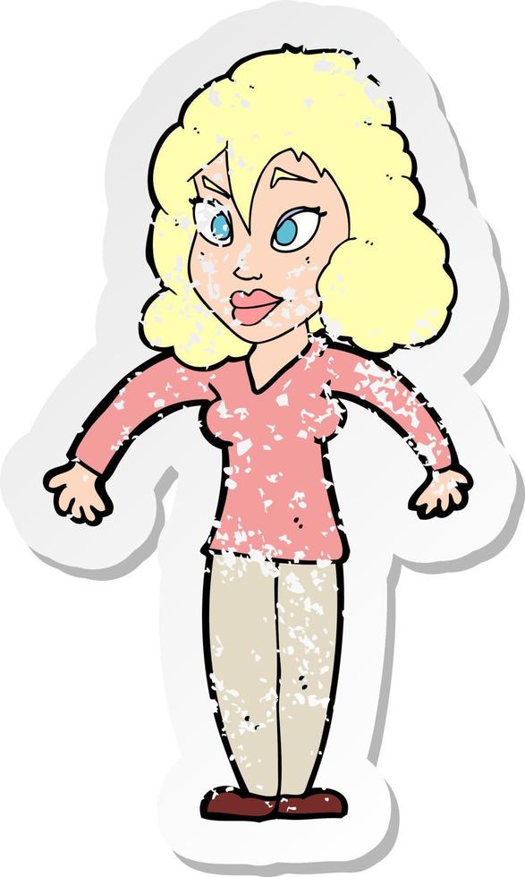 retro distressed sticker of a cartoon woman shrugging shoulders vector