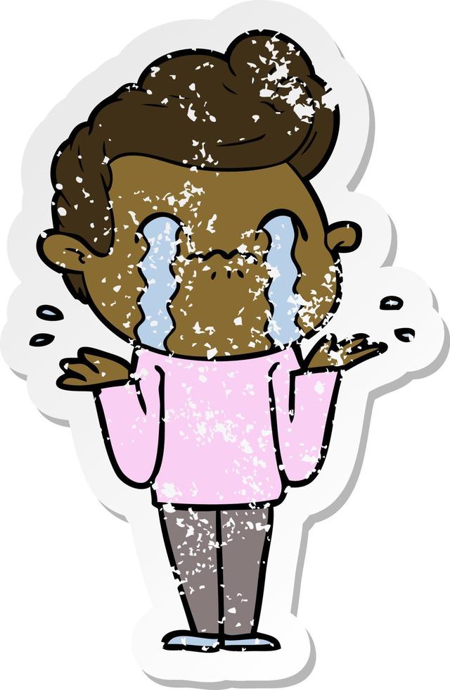 distressed sticker of a cartoon man crying vector