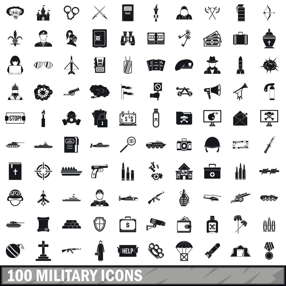 Conjunto de 100 iconos militares, estilo simple vector