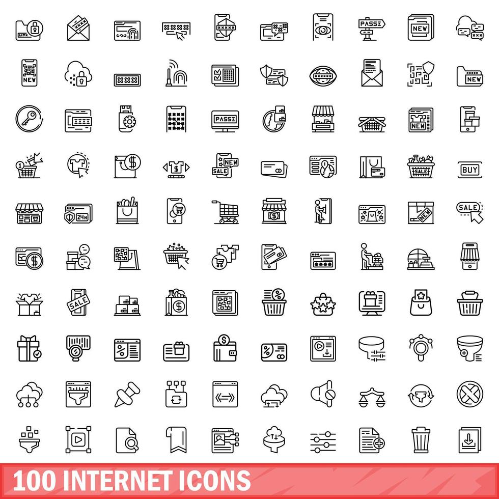100 internet icons set, outline style vector