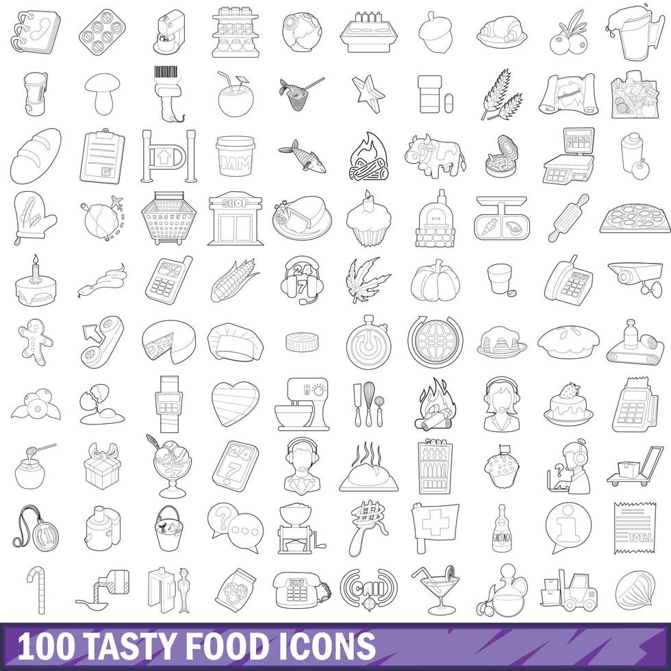 100 tasty food icons set, outline style vector