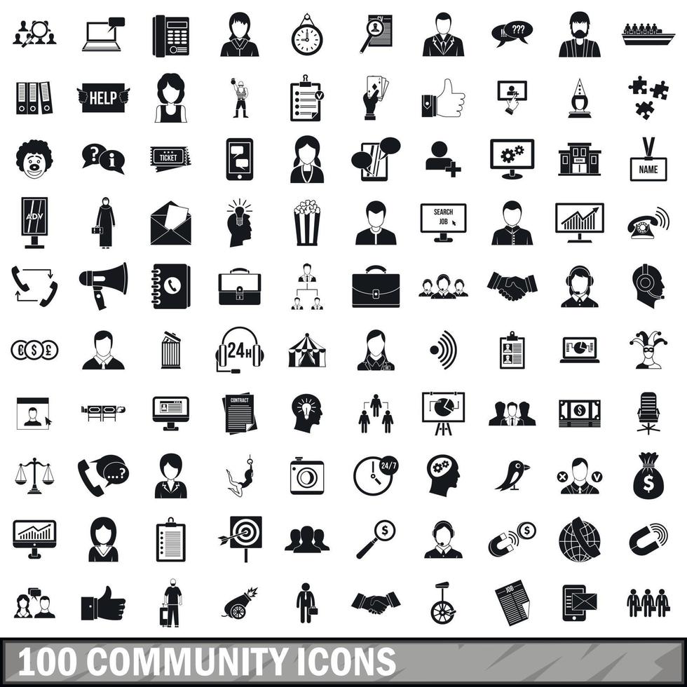 100 community icons set, simple style vector