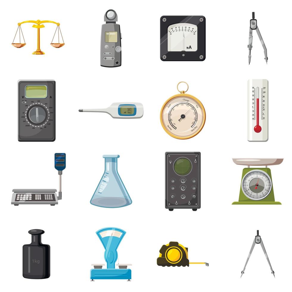 Measure precision tools icons set, cartoon style vector
