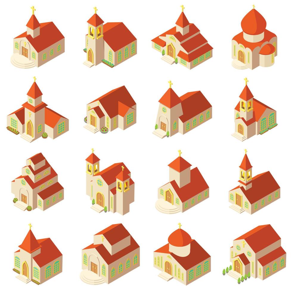 Church building icons set, isometric style vector