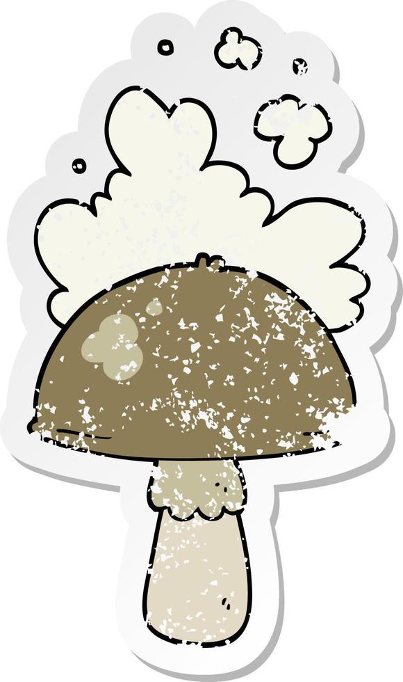 distressed sticker of a cartoon mushroom with spore cloud vector