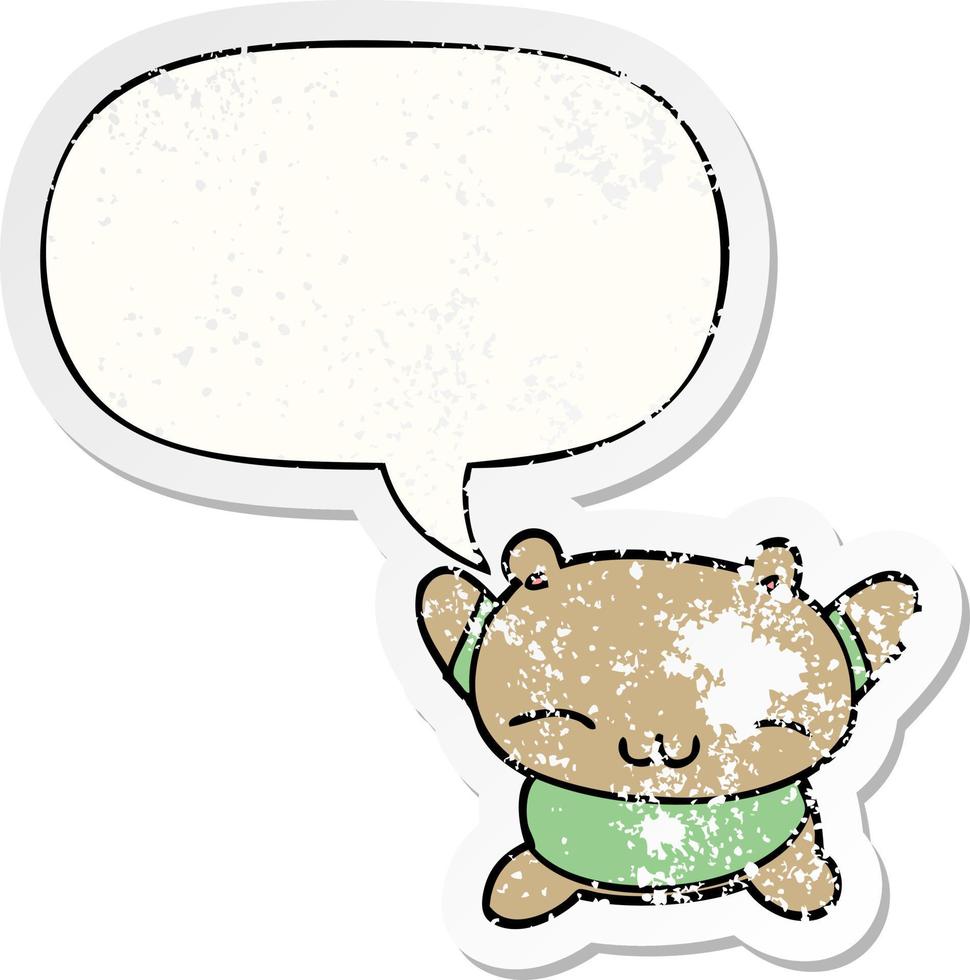 cartoon jumping bear and speech bubble distressed sticker vector