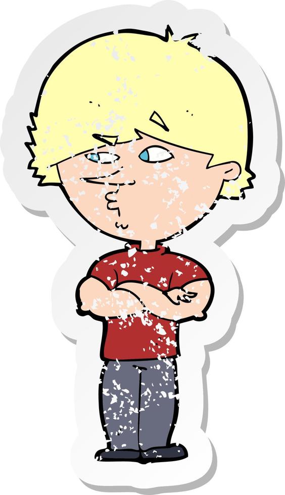 retro distressed sticker of a cartoon suspicious man vector