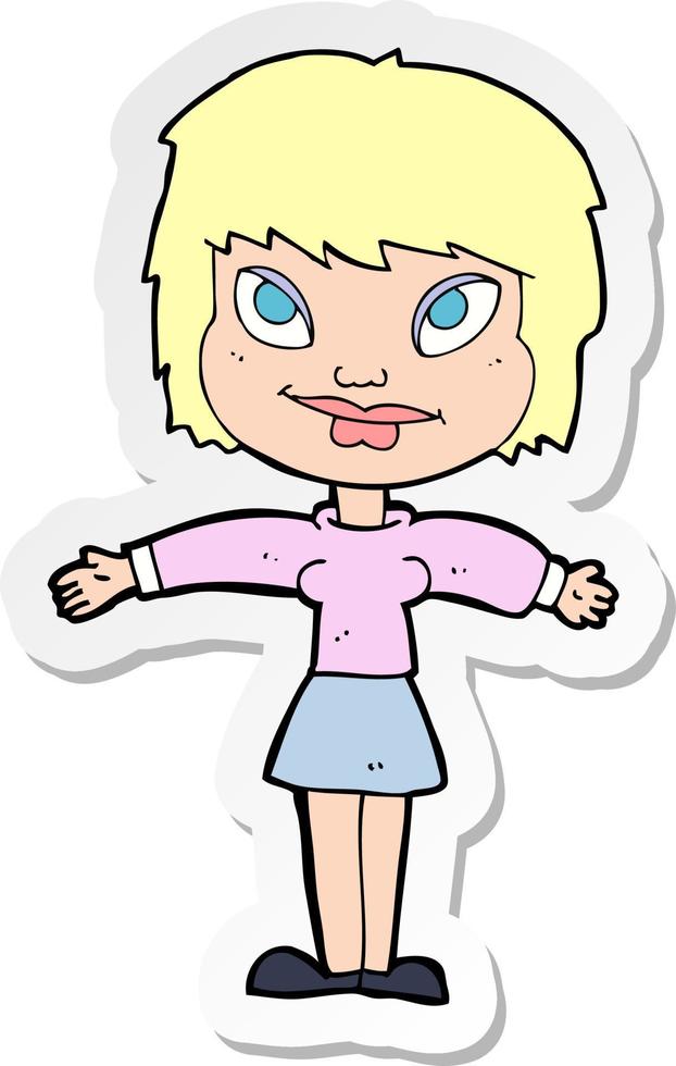 sticker of a cartoon woman with open amrs vector