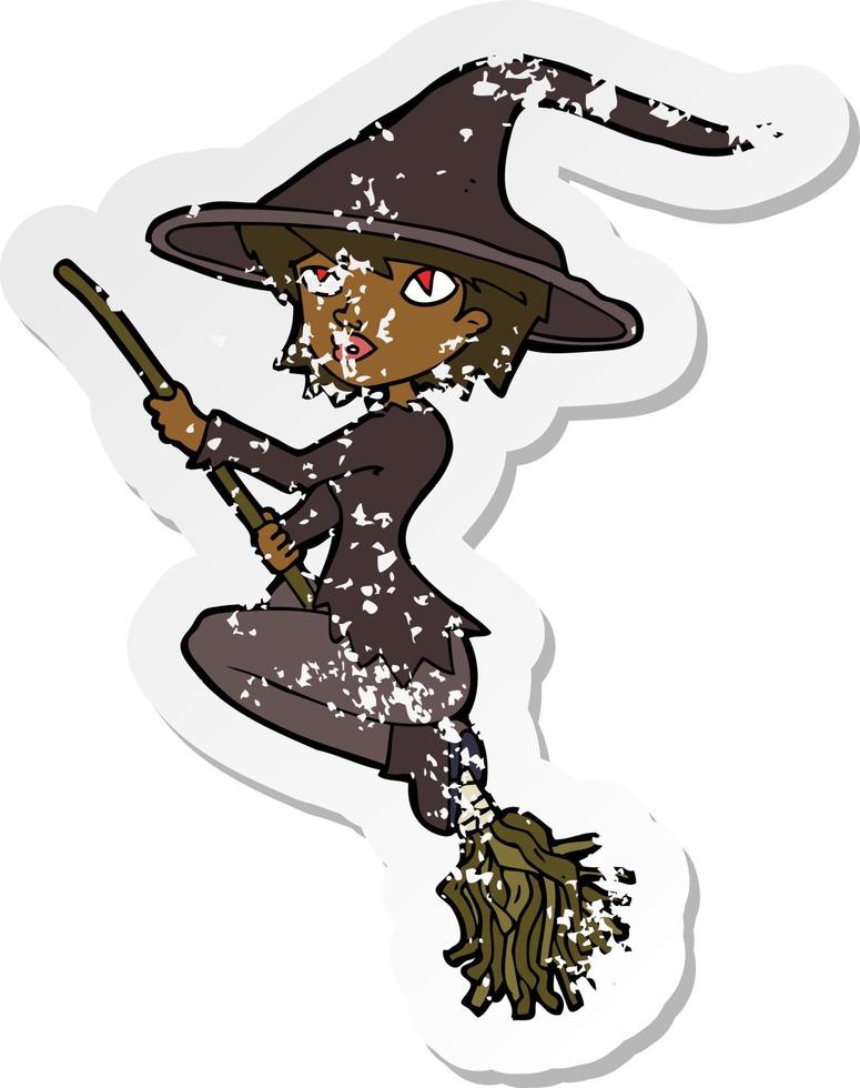 retro distressed sticker of a cartoon witch riding broomstick vector