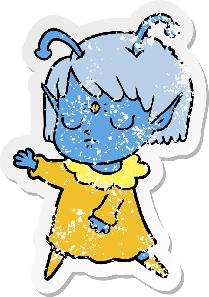 distressed sticker of a cartoon alien girl vector