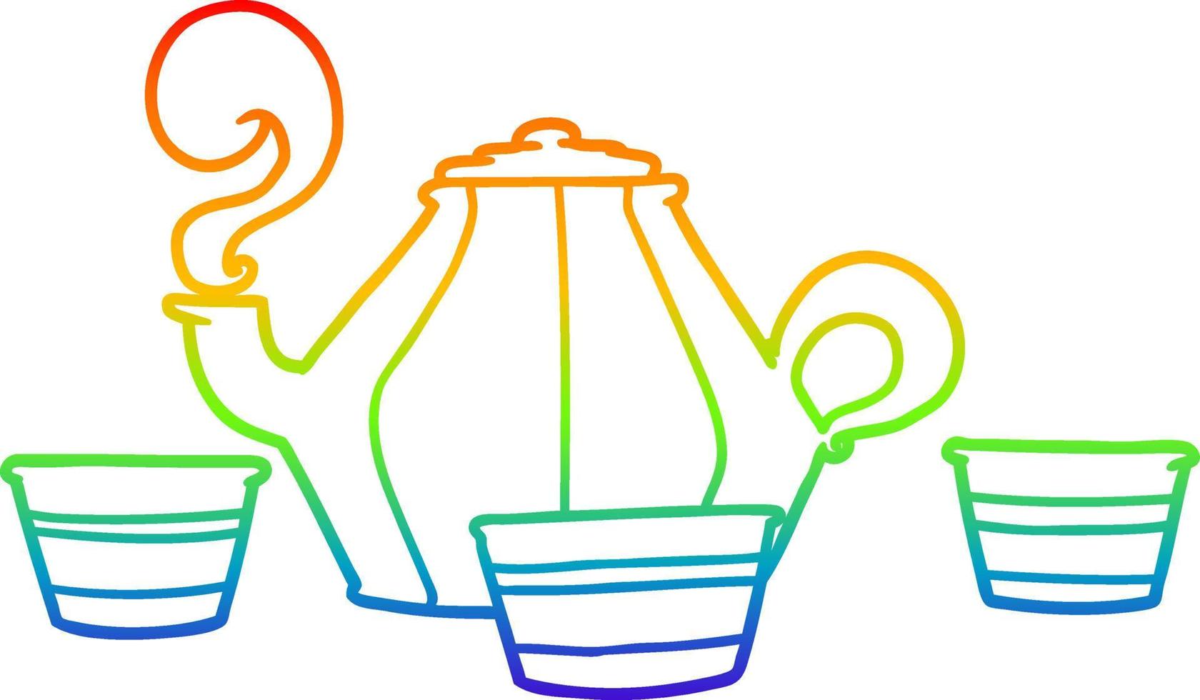rainbow gradient line drawing cartoon teapot and cups vector