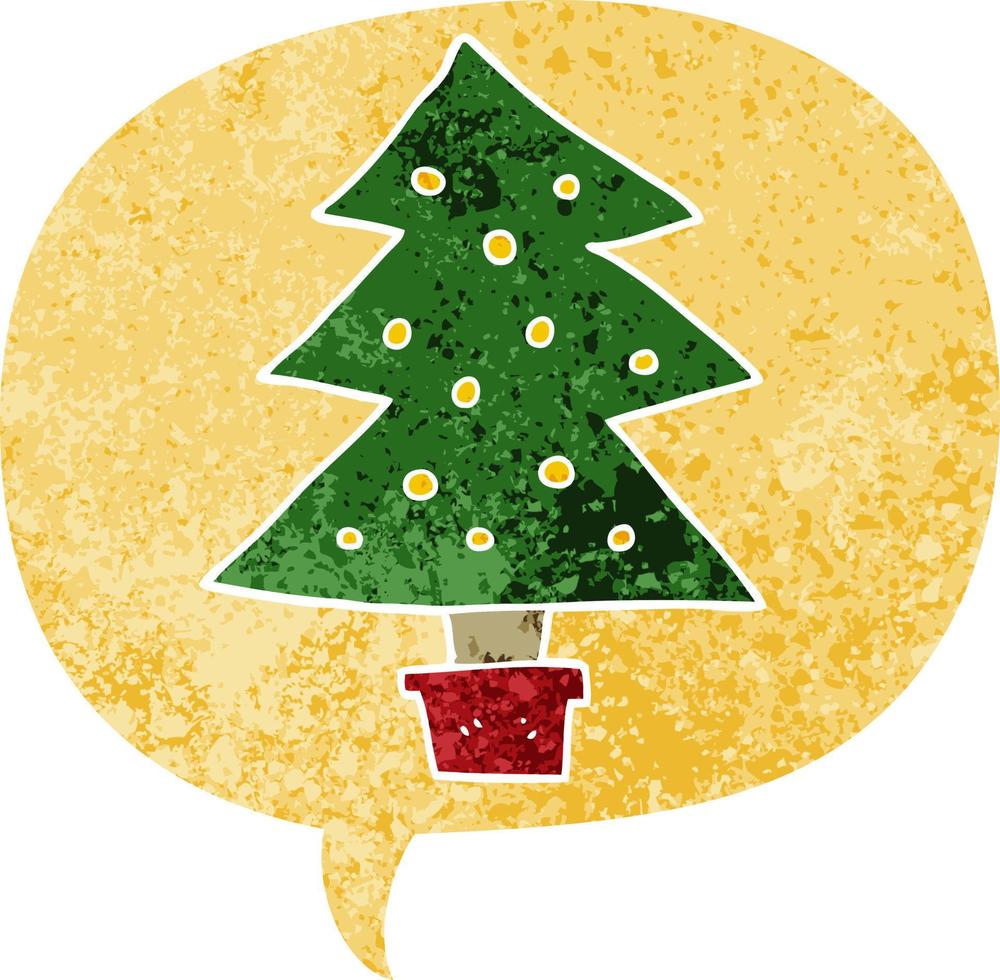cartoon christmas tree and speech bubble in retro textured style vector