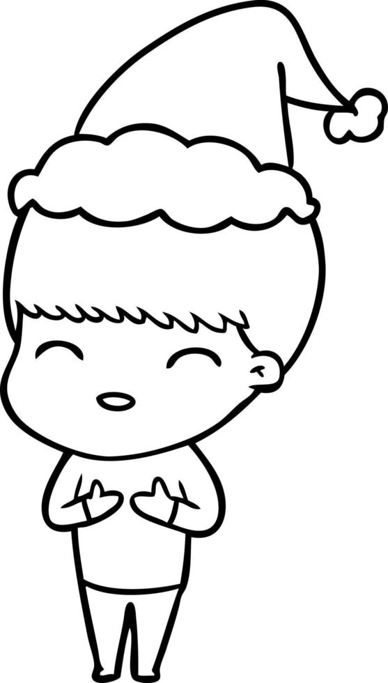 happy line drawing of a boy wearing santa hat vector