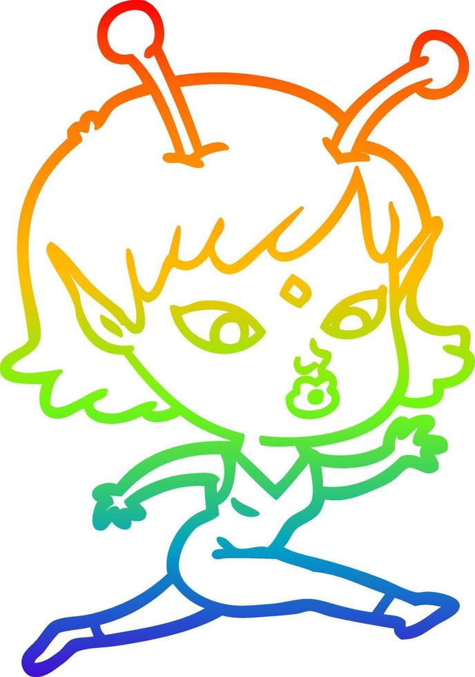 rainbow gradient line drawing pretty cartoon alien girl running vector